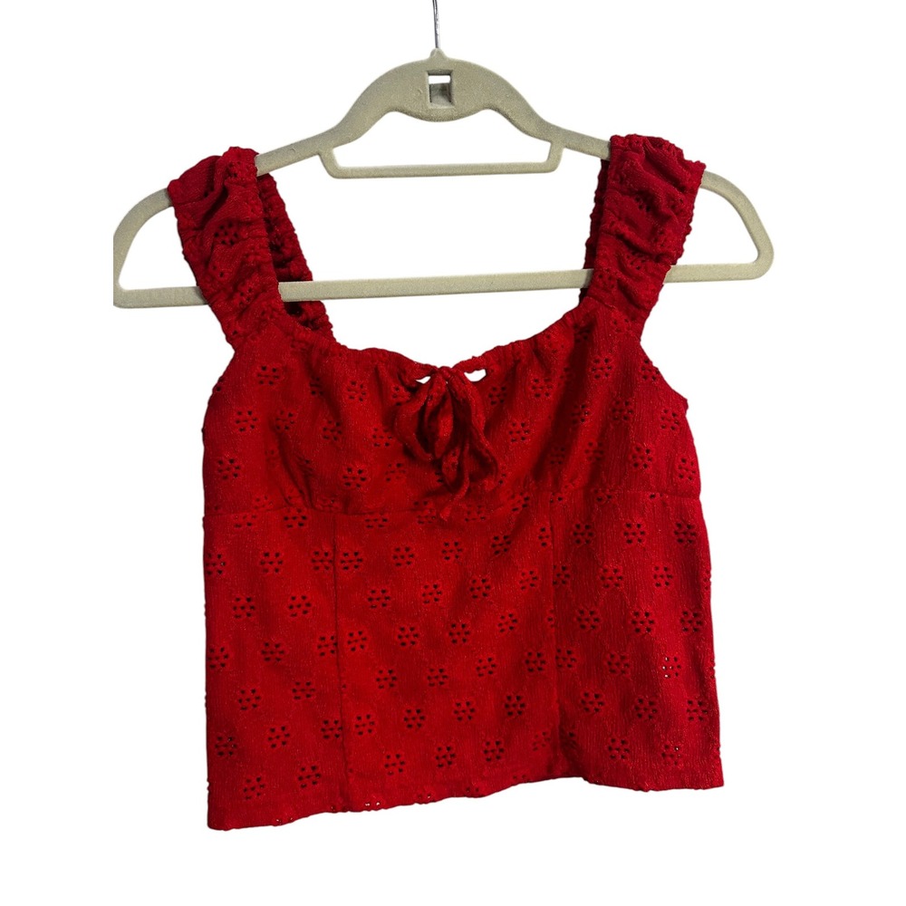 Red Eyelet Lace Ruffle Strap Tie Front Crop Top Sweetheart Neck Medium